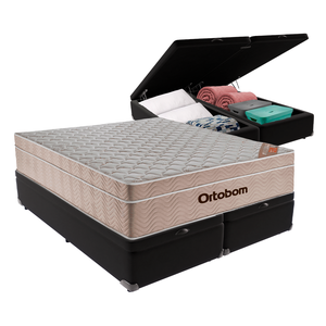 Cama Box Baú Bipartido Queen Preto e Colchão Airtech Springpocket Molas Ensacadas Ortobom