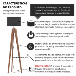 Luminária de Chão Roma Tripé Madeira Maciça C/ Cúpula Preta - 6