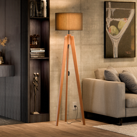 Luminária de Chão Roma Tripé Madeira Maciça C/ Cúpula Preta