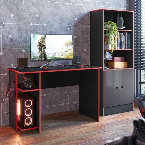 Conjunto Mesa para Escritório e Gamer + Armário Gamer Qmovi Preto Fosco/vermelho