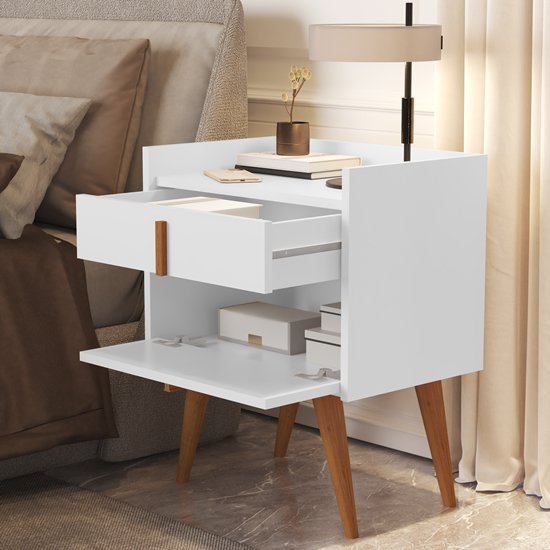 Mesa de Cabeceira Davi Pé Palito Madeira Porta e Gaveta Branco - Comprar Moveis em Casa - 2