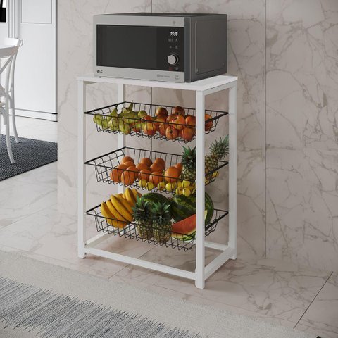 Fruteira com Suporte para Micro-ondas Barcelona Aço Branco Cesto Preto Tampo Branco - Cor: Marrom