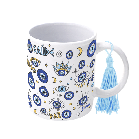 Caneca Olhos Gregos com Pompom De Porcelana