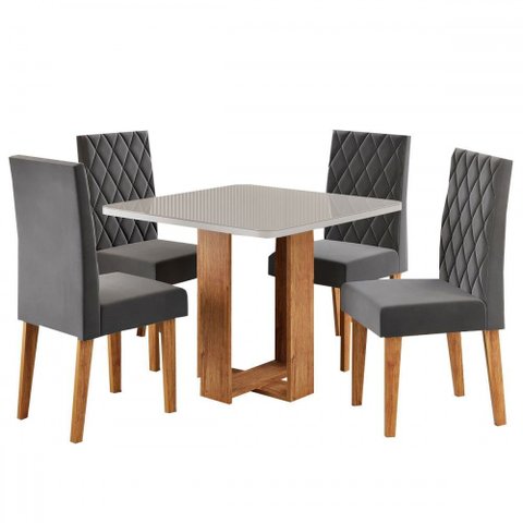 Mesa de Jantar 4 Lugares Magiore com Vidro Mel/off White/veludo Cinza - Viero Móveis