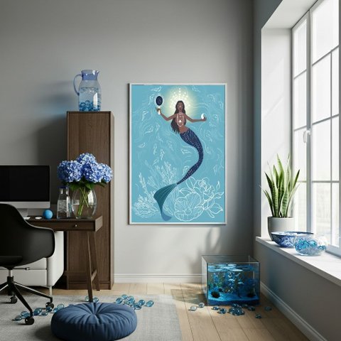 Quadro Decorativo Iemanjá - Orixá Dos Rios - 70x50cm:moldura Branca
