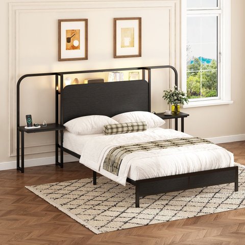 Cama Casal Queen 148 Cm com Cabeceira com Prateleira, 2 Mesas Laterais e Tomadas Usb, Preta