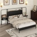 Ver imagem 2 de Cama Casal com Cabeceira e Mesas Laterais Estrutura em Aço Tomadas e Portas USB 148x256x127 Preto