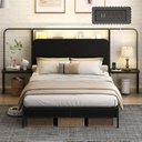 Ver imagem 1 de Cama Casal com Cabeceira e Mesas Laterais Estrutura em Aço Tomadas e Portas USB 148x256x127 Preto