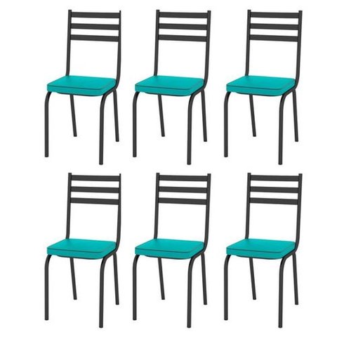 Jogo Com 6 Cadeiras Tubular Europa 118 Assento Azul Turquesa Artefamol 9237.118 - Preto Fosco Assent