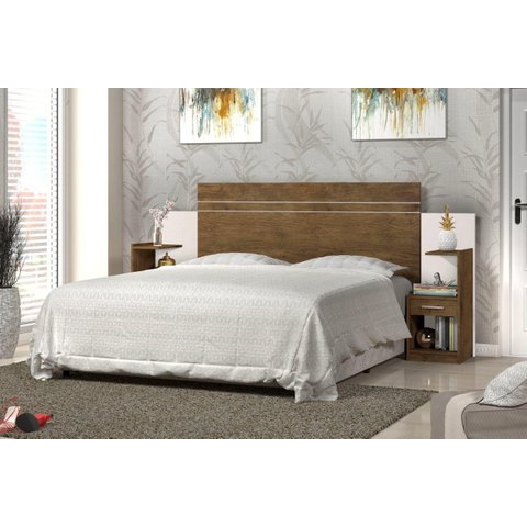Cabeceira Para Cama Box Regulável MOA Com 2 Mesas de Cabeceira Com Gavetas Acopladas Cor Jequitiba/O