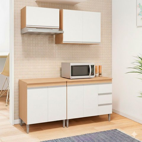 Conjunto Kit Cozinha Balcão Pia sem Tampo Balcão Cooktop e 2 Armários Aéreos Compacta Ajl Móveis