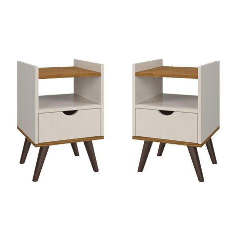 Kit 2 Mesas De Cabeceira Estilo Retró Luxo Alice:Off White/Freijo