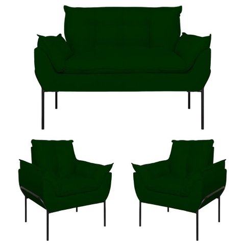 Kit 02 Poltronas + Namoradeira Pé Metal Preto Recepção Sala Cor:verde