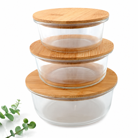 Kit 3 Potes Herméticos de Vidro com Tampa de Bambu – Organizadores para Cozinha, Mantimentos e Gelad