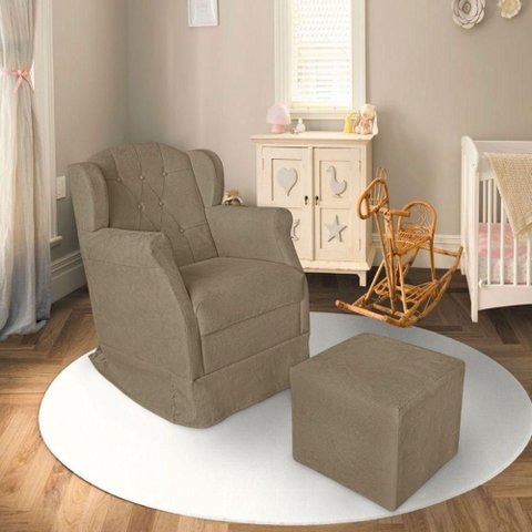 Poltrona Amamentação Cadeira Reforçada Balanço Puff Suede Cor:bege Escuro
