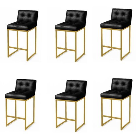Banqueta Cozinha Alta com Encosto Industrial Kit 6 Dourado Lirina Pu C05 - D'rossi