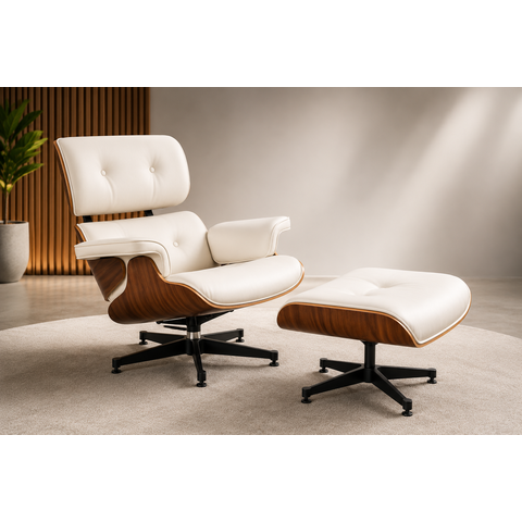 Poltrona Charles Eames com Puff - Couro Branco L Pau-Ferro