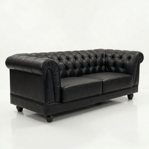 Sofá Chesterfield 3 Lugares 220cm Courino Premium Retrô Luxo Capitóné Sala Estar Recepção Escritório