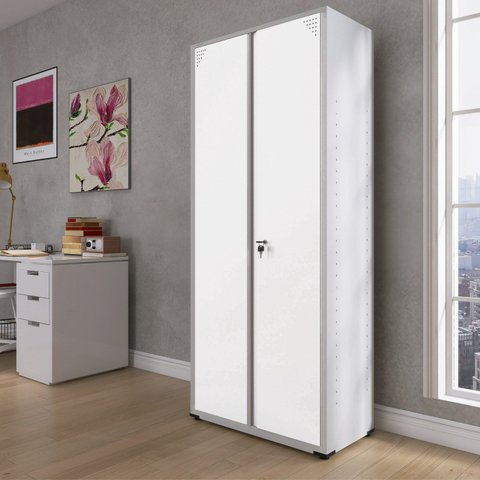 Armário de Escritório 2 Portas com Chave e Prateleiras Reguláveis Aço Cinza/Branco