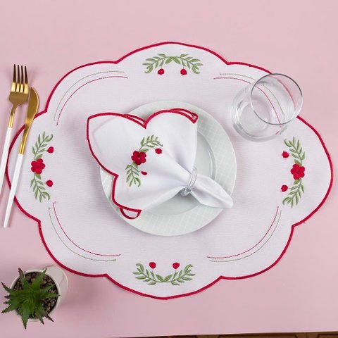 Kit 12 Jogos Americanos Guardanapos de Mesa Redondo Bordado Floral Peônia - Branco
