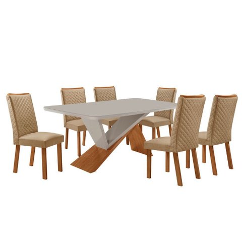 Mesa de Jantar Yasmin 180cm Tampo Mdf Vidro Canto Copo com 6 Cadeiras Lira