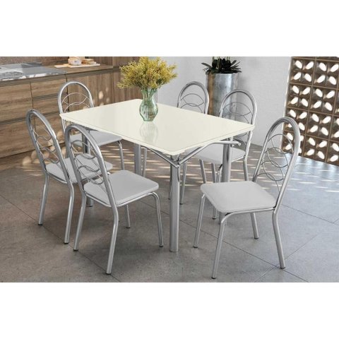 Conjunto: Mesa de Cozinha Elba Tampo Madeirado C/ Vidro 120cm e 6 Cadeiras Holanda Cromada/off White