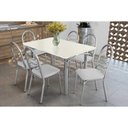 Ver imagem 1 de Conjunto: Mesa de Cozinha Elba Tampo Madeirado C/ Vidro 120cm e 6 Cadeiras Holanda Cromada/off White
