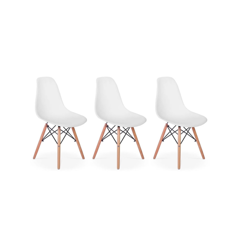 Kit 3 Cadeiras Eiffel Charles Eames Brancas – Base de Madeira – Design Moderno – Sala de Jantar, Esc