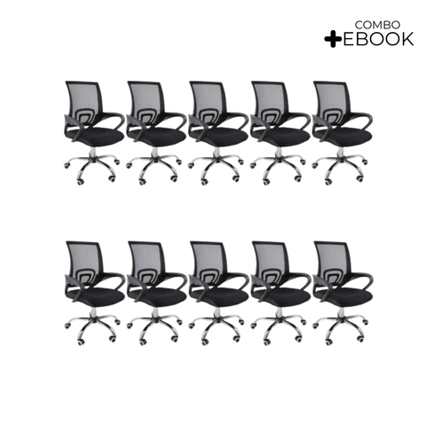 Kit 10 Cadeiras de Escritório Begonia Mesh Ergonômico Preto + E-book