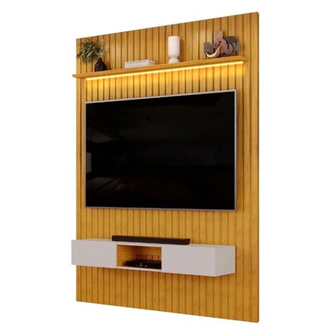 Painel Trento para TV com Bancada 183 Ripado Cedro com LED- DJ Móveis