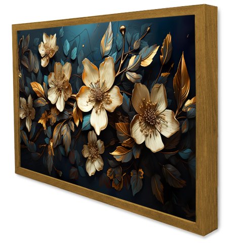 Quadro Decorativo Floral Luxo Azaléias Douradas em Moldura Caixa Tacolado Moldura Caixa 3cm Freijó C