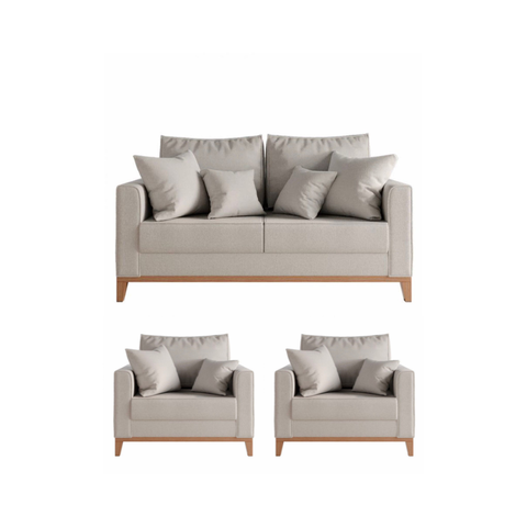Kit Sofá e 2 Poltronas Decorativa Beni 1,60cm Beny Base Madeira Linho Bege - Montanaris Decor