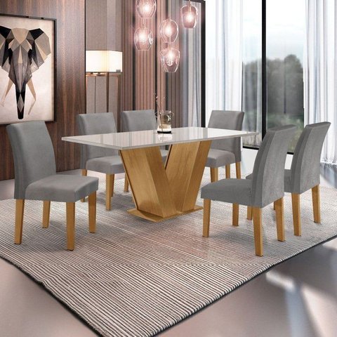 Conjunto Sala de Jantar Mesa Tampo MDF e Vidro 160x80cm com 6 Cadeiras Espanha Yescasa