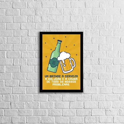 Quadro Um Brinde a Cerveja 33x24cm - com vidro:Madeira branca