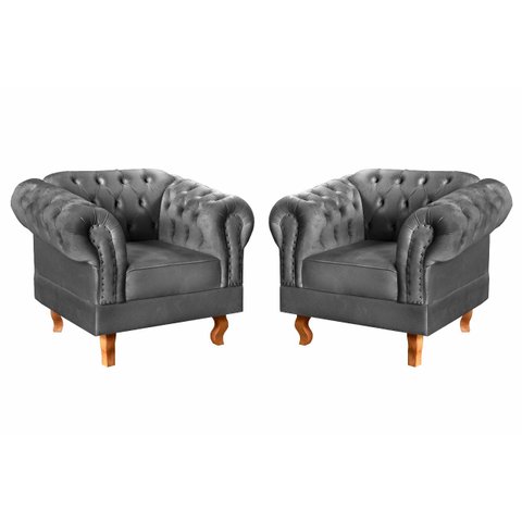 Kit 2 Poltronas Decorativas Capitonê Chesterfield Dom Pedro - Suede Cinza Grafite