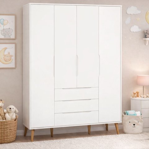 Roupeiro Elfe Retro 4 Portas 3 Classic Gavetas Branco Fosco - Moveisaqui