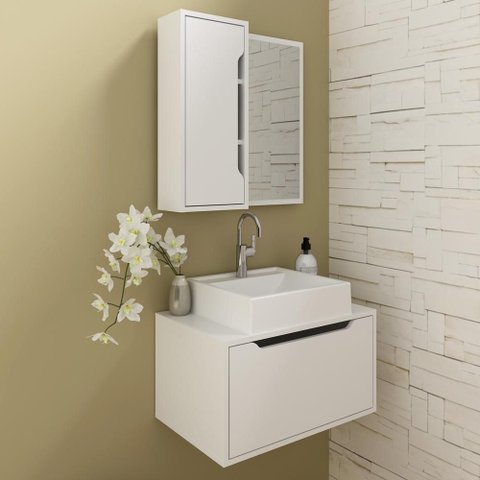 Kit Banheiro Balcão e Espelheira Suspensos Branco - Tecno