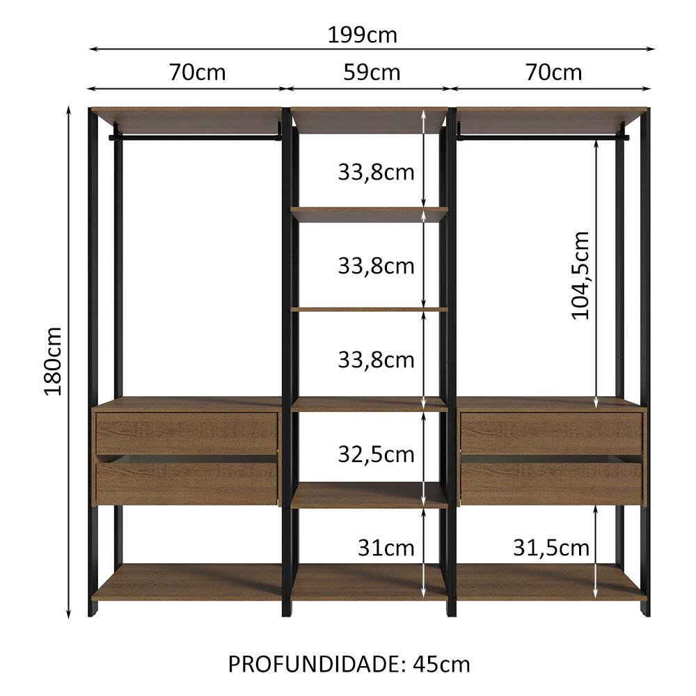 Guarda-roupa Closet Modulado Valencia 4 Gavetas 199cm Rustic/preto Madesa 02 - 4