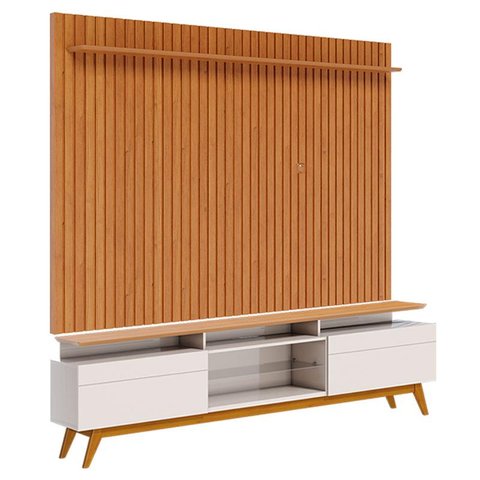 Rack Bancada Classic 2 Gavetas com Nicho e Painel para TV Suspenso Ripado Loft 2.2 Off White Nature 