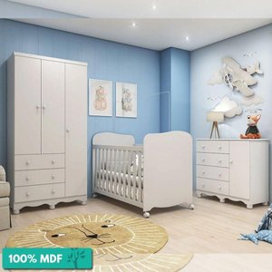 Quarto De Bebê Completo Com Guarda-Roupa Cômoda Junior New E Berço Uli New Móveis Peroba Branco