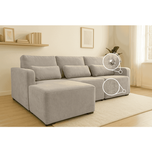 Sofá Baroni Tecido Linho com Chaisse Lado esquerdo e conjunto de Almofadas Soltas | De Casa Décor e 