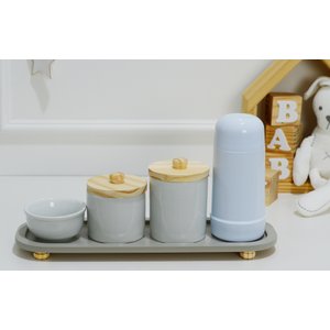 Kit Higiene Porcelana Bebê Pinus Cinza Térmica Bandeja Maternidade Unissex