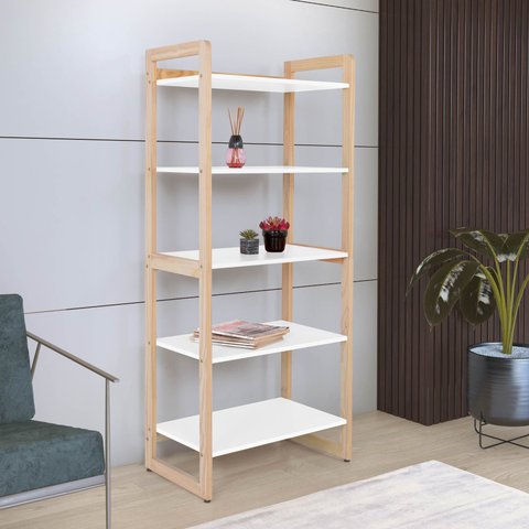 Estante Multiuso Colorê 5 Prateleiras Base Pinus Tampo Mdf:branco/madeira