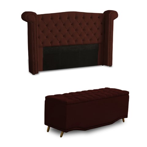KIT + Cabeceira Com Recamier Baú Dunas Princesa em captonê 1,95 Casal Cama Box Marrom Veludo Dalaqua