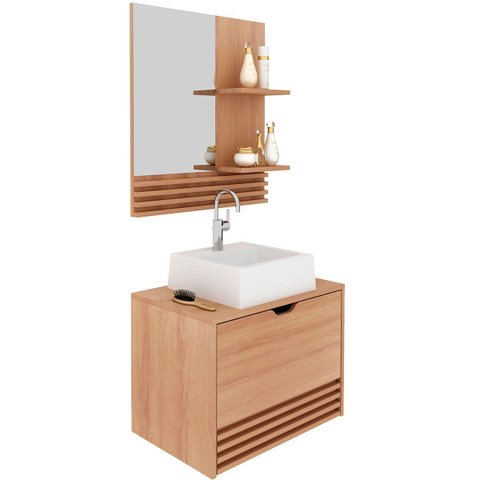Kit Gabinete e Espelheira de Banheiro 60 Cm com Cuba Sâmia Amêndoa