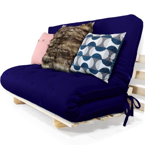 Sofa Cama Casal Futon Oriental Azul Royal Acquablock com Madeira Maciça