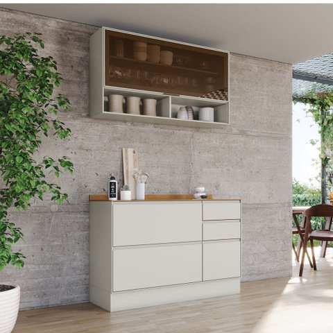 Cozinha Compacta Fineze 2 Portas 4 Gavetas com Vidro e Tampo 100% MDF Areia Hp/Cinamomo - Henn