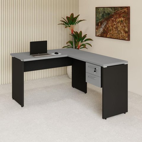 Mesa de Escritório em L 30mm com Gaveteiro Suspenso e Chave F5 Office Cor:Cinza Sagrado com Preto