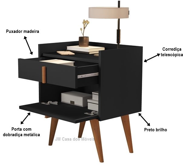 Mesa de Cabeceira Davi 1 Gaveta 1 Porta Pés Palito Preto - JM Casa dos Moveis - 4