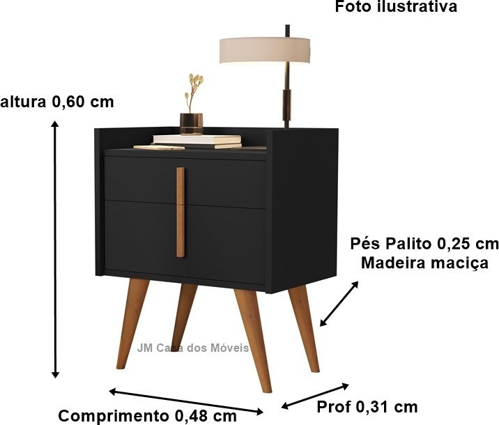 Mesa de Cabeceira Davi 1 Gaveta 1 Porta Pés Palito Preto - JM Casa dos Moveis - 3